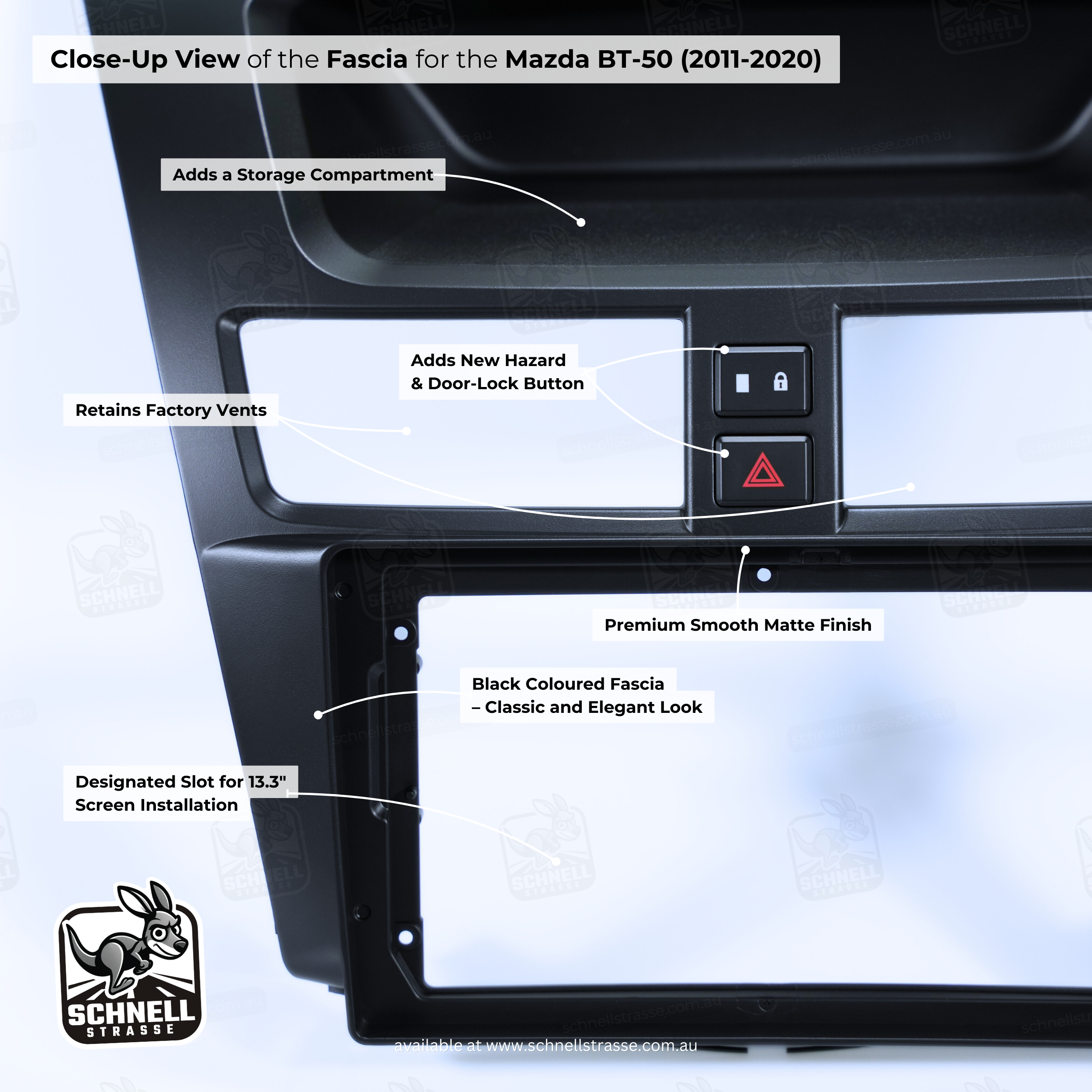 Mazda BT-50 (2011-2020) Fascia Kit - Premium Matte Finish, Black, 9" & 13.3'' Screen Compatible, Retains Factory Vents and Adds Storage