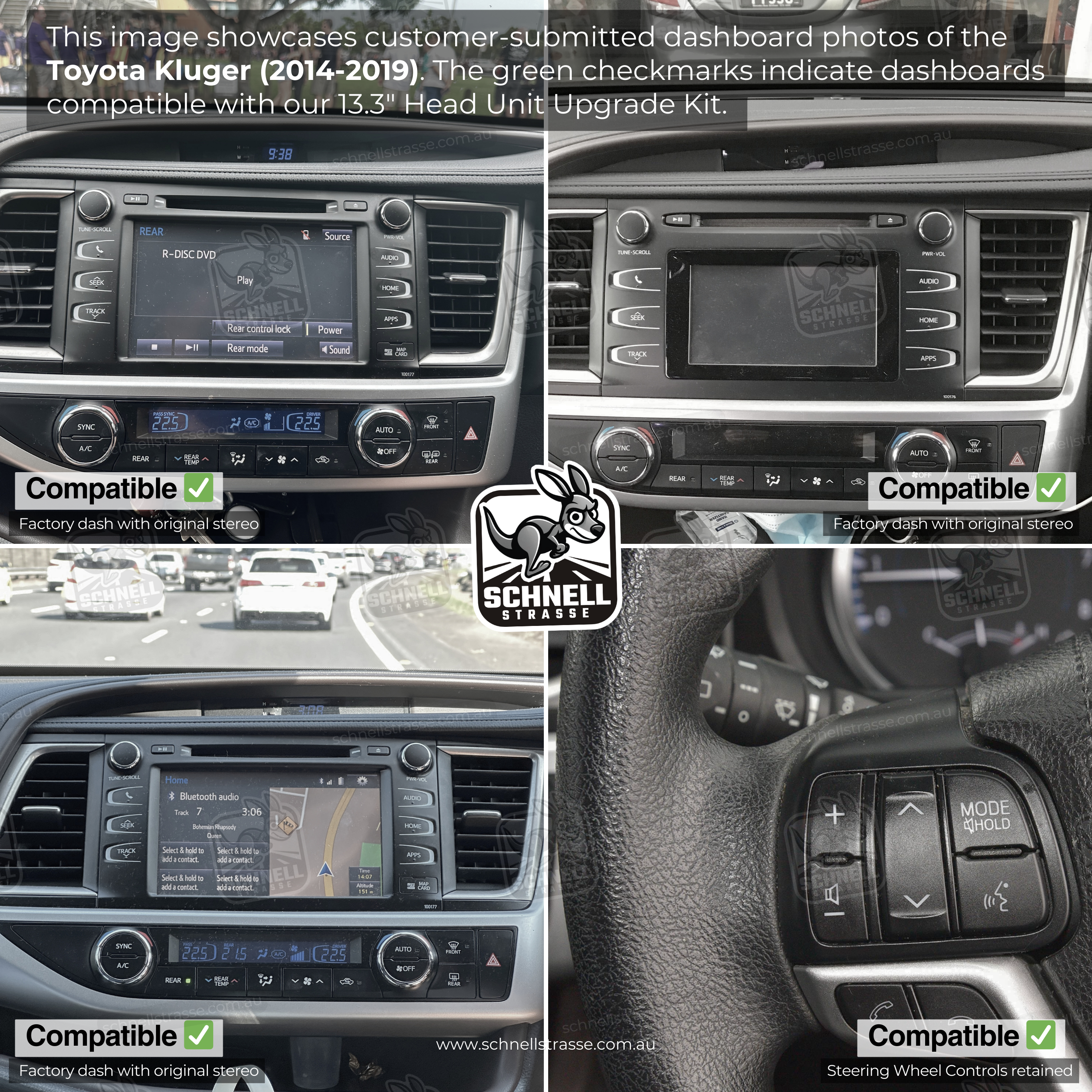 Toyota Kluger 13.3'' Head Unit Upgrade Kit (2014-2019) - Plug & Play with Apple CarPlay, Android Auto, and Touchscreen Display